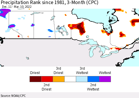 Canada Precipitation Rank since 1981, 3-Month (CPC) Thematic Map For 12/11/2021 - 3/10/2022
