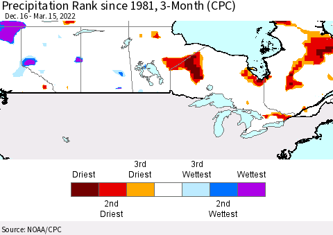 Canada Precipitation Rank since 1981, 3-Month (CPC) Thematic Map For 12/16/2021 - 3/15/2022
