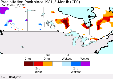 Canada Precipitation Rank since 1981, 3-Month (CPC) Thematic Map For 12/21/2021 - 3/20/2022