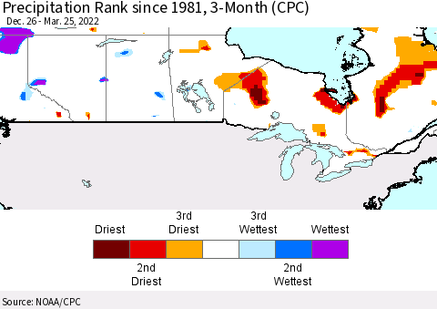 Canada Precipitation Rank since 1981, 3-Month (CPC) Thematic Map For 12/26/2021 - 3/25/2022