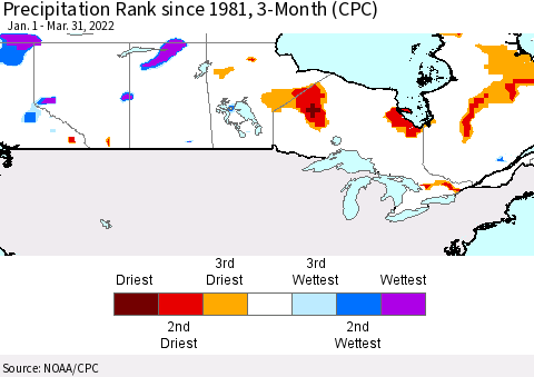 Canada Precipitation Rank since 1981, 3-Month (CPC) Thematic Map For 1/1/2022 - 3/31/2022