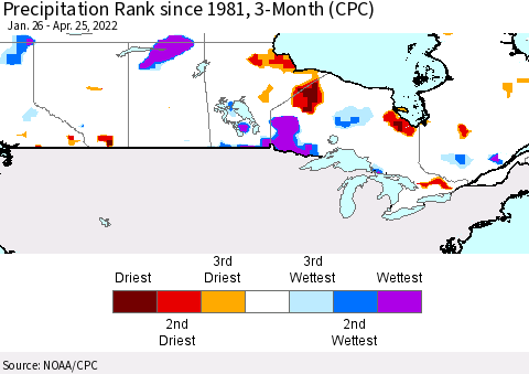 Canada Precipitation Rank since 1981, 3-Month (CPC) Thematic Map For 1/26/2022 - 4/25/2022