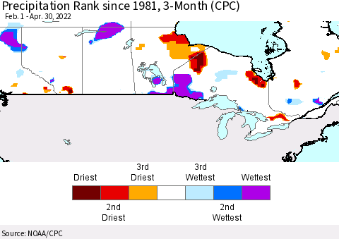 Canada Precipitation Rank since 1981, 3-Month (CPC) Thematic Map For 2/1/2022 - 4/30/2022