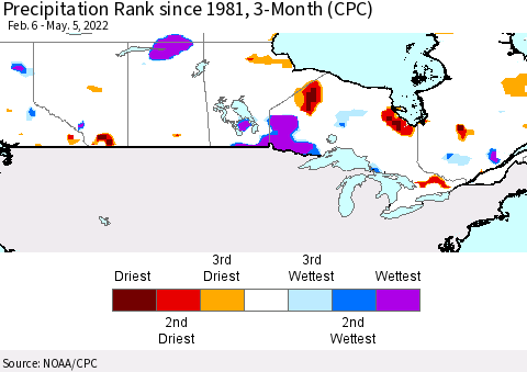 Canada Precipitation Rank since 1981, 3-Month (CPC) Thematic Map For 2/6/2022 - 5/5/2022