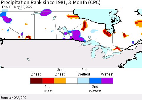 Canada Precipitation Rank since 1981, 3-Month (CPC) Thematic Map For 2/11/2022 - 5/10/2022