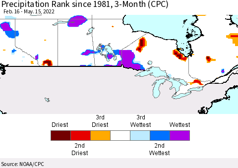 Canada Precipitation Rank since 1981, 3-Month (CPC) Thematic Map For 2/16/2022 - 5/15/2022