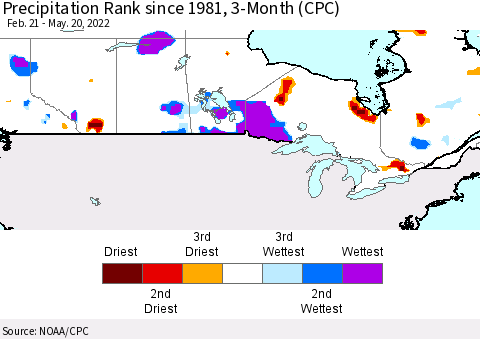 Canada Precipitation Rank since 1981, 3-Month (CPC) Thematic Map For 2/21/2022 - 5/20/2022