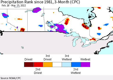 Canada Precipitation Rank since 1981, 3-Month (CPC) Thematic Map For 2/26/2022 - 5/25/2022