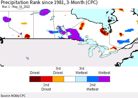Canada Precipitation Rank since 1981, 3-Month (CPC) Thematic Map For 3/1/2022 - 5/31/2022