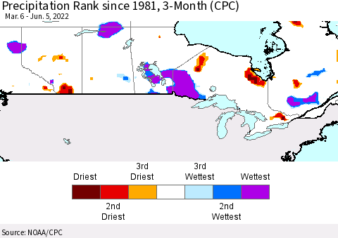 Canada Precipitation Rank since 1981, 3-Month (CPC) Thematic Map For 3/6/2022 - 6/5/2022
