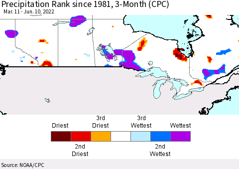 Canada Precipitation Rank since 1981, 3-Month (CPC) Thematic Map For 3/11/2022 - 6/10/2022