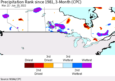 Canada Precipitation Rank since 1981, 3-Month (CPC) Thematic Map For 3/21/2022 - 6/20/2022