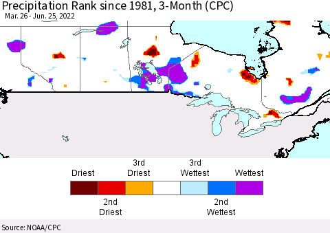 Canada Precipitation Rank since 1981, 3-Month (CPC) Thematic Map For 3/26/2022 - 6/25/2022