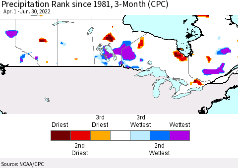 Canada Precipitation Rank since 1981, 3-Month (CPC) Thematic Map For 4/1/2022 - 6/30/2022