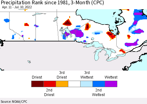 Canada Precipitation Rank since 1981, 3-Month (CPC) Thematic Map For 4/11/2022 - 7/10/2022