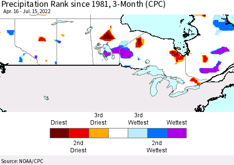Canada Precipitation Rank since 1981, 3-Month (CPC) Thematic Map For 4/16/2022 - 7/15/2022