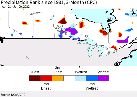 Canada Precipitation Rank since 1981, 3-Month (CPC) Thematic Map For 4/21/2022 - 7/20/2022