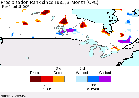 Canada Precipitation Rank since 1981, 3-Month (CPC) Thematic Map For 5/1/2022 - 7/31/2022