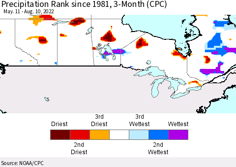 Canada Precipitation Rank since 1981, 3-Month (CPC) Thematic Map For 5/11/2022 - 8/10/2022