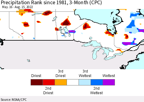 Canada Precipitation Rank since 1981, 3-Month (CPC) Thematic Map For 5/16/2022 - 8/15/2022