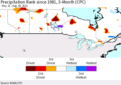 Canada Precipitation Rank since 1981, 3-Month (CPC) Thematic Map For 5/21/2022 - 8/20/2022
