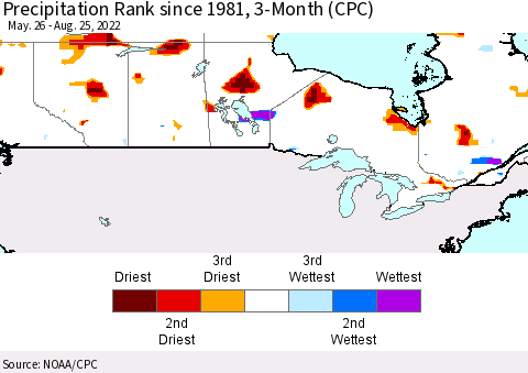 Canada Precipitation Rank since 1981, 3-Month (CPC) Thematic Map For 5/26/2022 - 8/25/2022