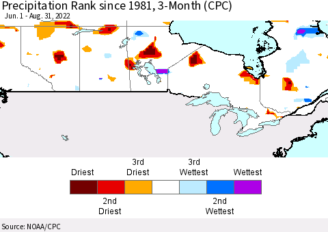 Canada Precipitation Rank since 1981, 3-Month (CPC) Thematic Map For 6/1/2022 - 8/31/2022