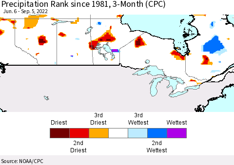 Canada Precipitation Rank since 1981, 3-Month (CPC) Thematic Map For 6/6/2022 - 9/5/2022
