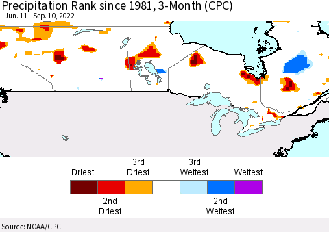 Canada Precipitation Rank since 1981, 3-Month (CPC) Thematic Map For 6/11/2022 - 9/10/2022