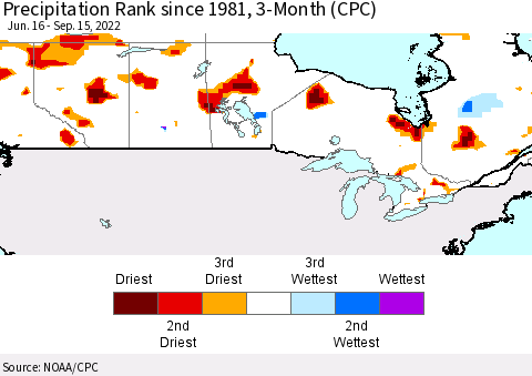 Canada Precipitation Rank since 1981, 3-Month (CPC) Thematic Map For 6/16/2022 - 9/15/2022