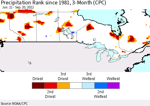 Canada Precipitation Rank since 1981, 3-Month (CPC) Thematic Map For 6/21/2022 - 9/20/2022