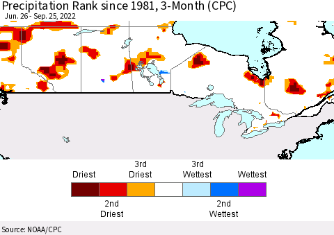 Canada Precipitation Rank since 1981, 3-Month (CPC) Thematic Map For 6/26/2022 - 9/25/2022