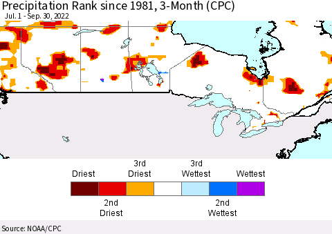 Canada Precipitation Rank since 1981, 3-Month (CPC) Thematic Map For 7/1/2022 - 9/30/2022