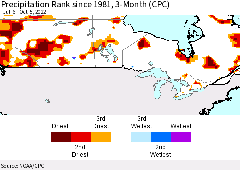 Canada Precipitation Rank since 1981, 3-Month (CPC) Thematic Map For 7/6/2022 - 10/5/2022