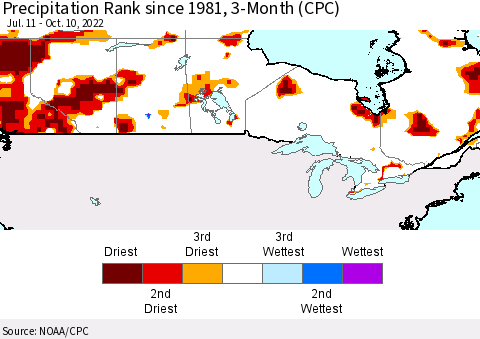 Canada Precipitation Rank since 1981, 3-Month (CPC) Thematic Map For 7/11/2022 - 10/10/2022