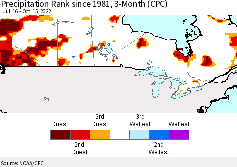 Canada Precipitation Rank since 1981, 3-Month (CPC) Thematic Map For 7/16/2022 - 10/15/2022