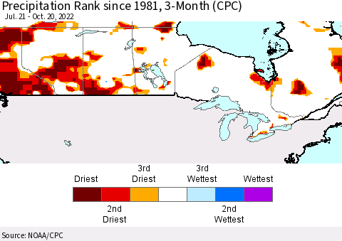 Canada Precipitation Rank since 1981, 3-Month (CPC) Thematic Map For 7/21/2022 - 10/20/2022