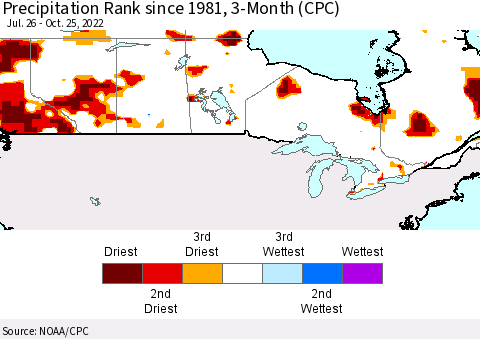 Canada Precipitation Rank since 1981, 3-Month (CPC) Thematic Map For 7/26/2022 - 10/25/2022