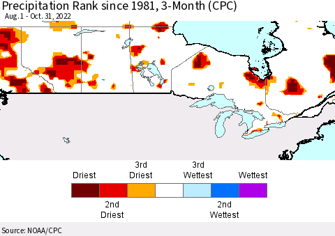 Canada Precipitation Rank since 1981, 3-Month (CPC) Thematic Map For 8/1/2022 - 10/31/2022