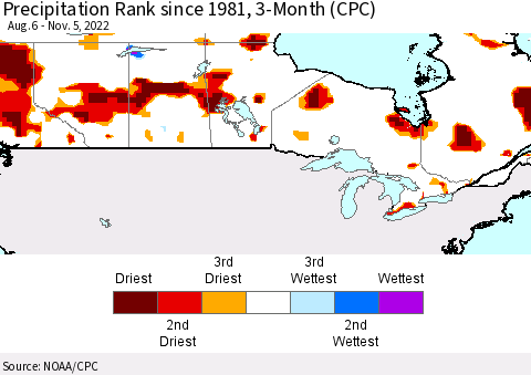 Canada Precipitation Rank since 1981, 3-Month (CPC) Thematic Map For 8/6/2022 - 11/5/2022