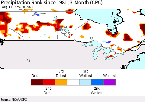 Canada Precipitation Rank since 1981, 3-Month (CPC) Thematic Map For 8/11/2022 - 11/10/2022
