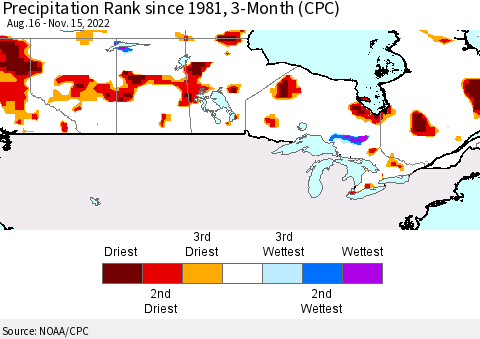 Canada Precipitation Rank since 1981, 3-Month (CPC) Thematic Map For 8/16/2022 - 11/15/2022