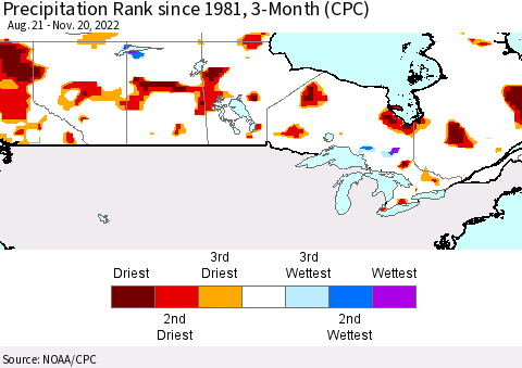 Canada Precipitation Rank since 1981, 3-Month (CPC) Thematic Map For 8/21/2022 - 11/20/2022