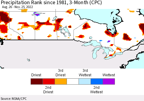 Canada Precipitation Rank since 1981, 3-Month (CPC) Thematic Map For 8/26/2022 - 11/25/2022