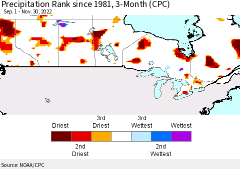 Canada Precipitation Rank since 1981, 3-Month (CPC) Thematic Map For 9/1/2022 - 11/30/2022