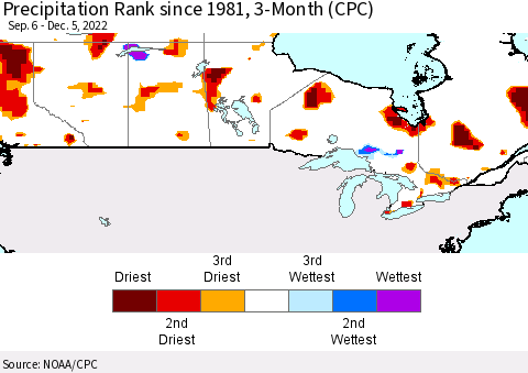 Canada Precipitation Rank since 1981, 3-Month (CPC) Thematic Map For 9/6/2022 - 12/5/2022