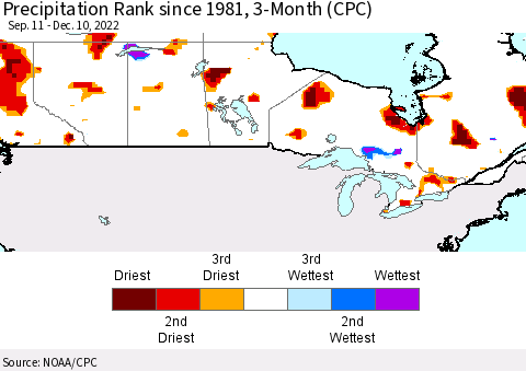 Canada Precipitation Rank since 1981, 3-Month (CPC) Thematic Map For 9/11/2022 - 12/10/2022