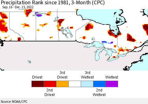 Canada Precipitation Rank since 1981, 3-Month (CPC) Thematic Map For 9/16/2022 - 12/15/2022