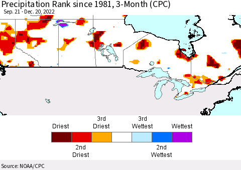 Canada Precipitation Rank since 1981, 3-Month (CPC) Thematic Map For 9/21/2022 - 12/20/2022
