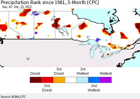Canada Precipitation Rank since 1981, 3-Month (CPC) Thematic Map For 9/26/2022 - 12/25/2022